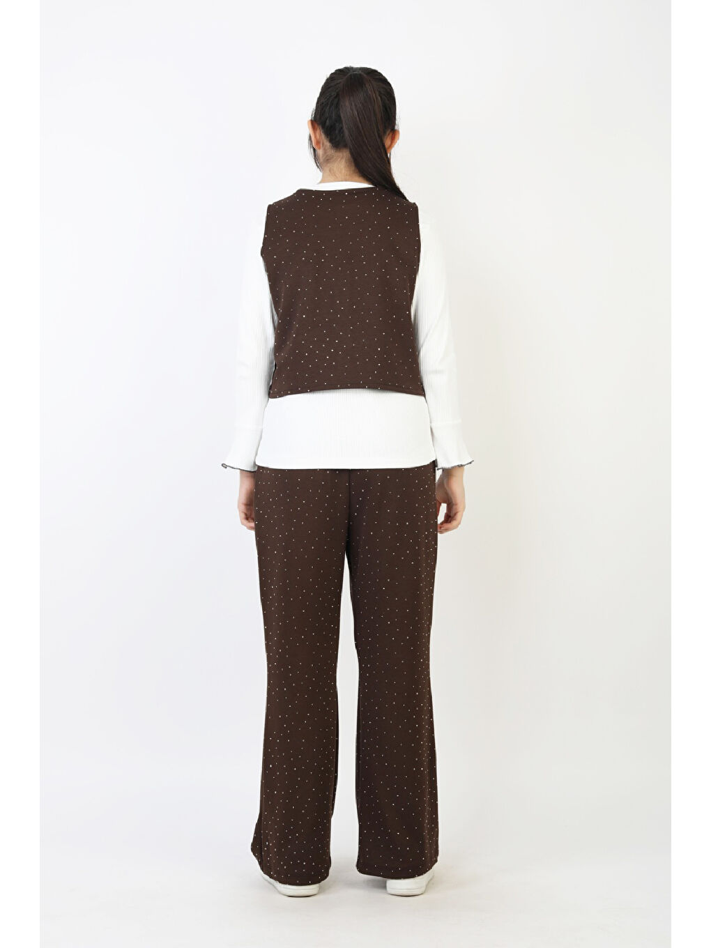 Kahverengi Kız Çocuk 3'lü Takım-Yelekli,Taş Süslemeli ve Geniş Paçalı 12515-4