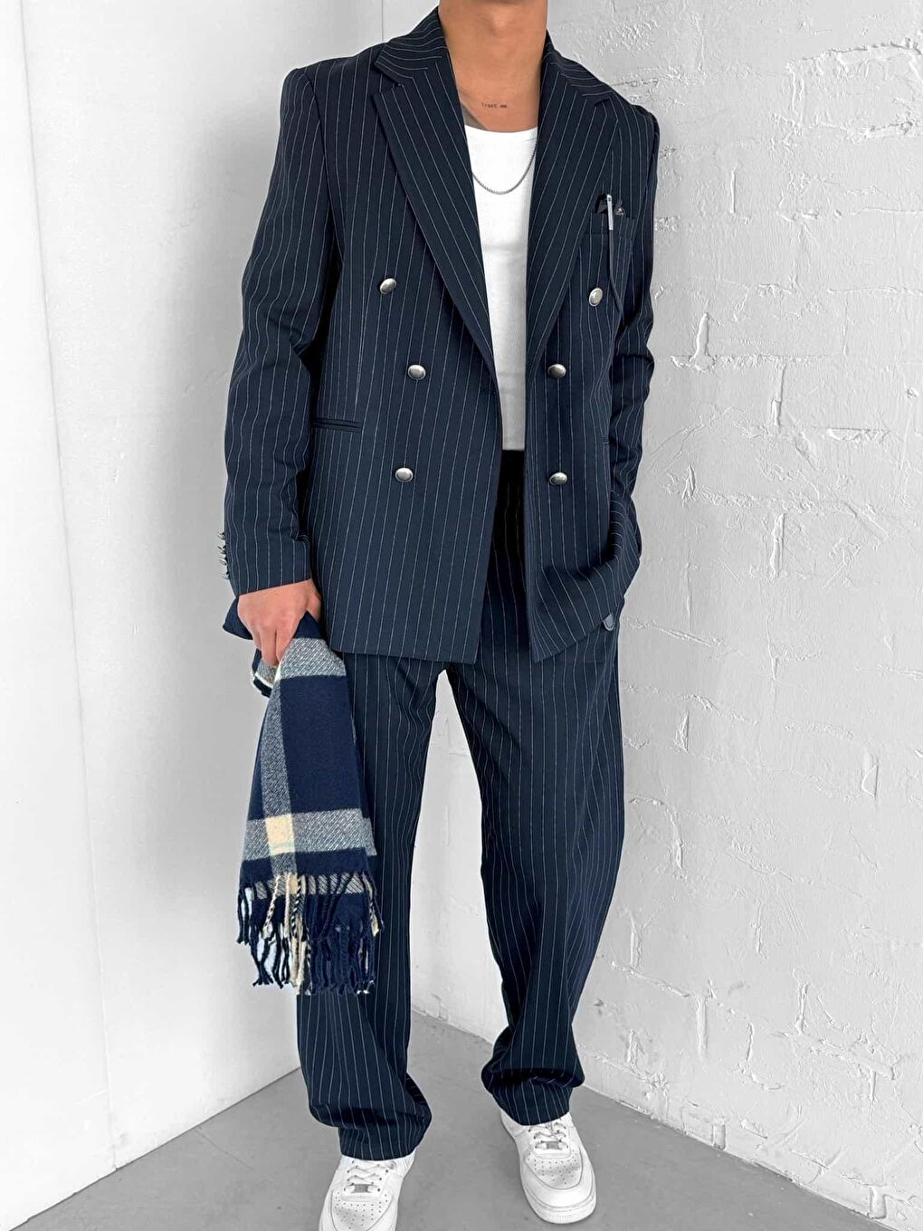 Erkek Çizgili Oversize Kruvaze Takım Elbise Lacivert-1