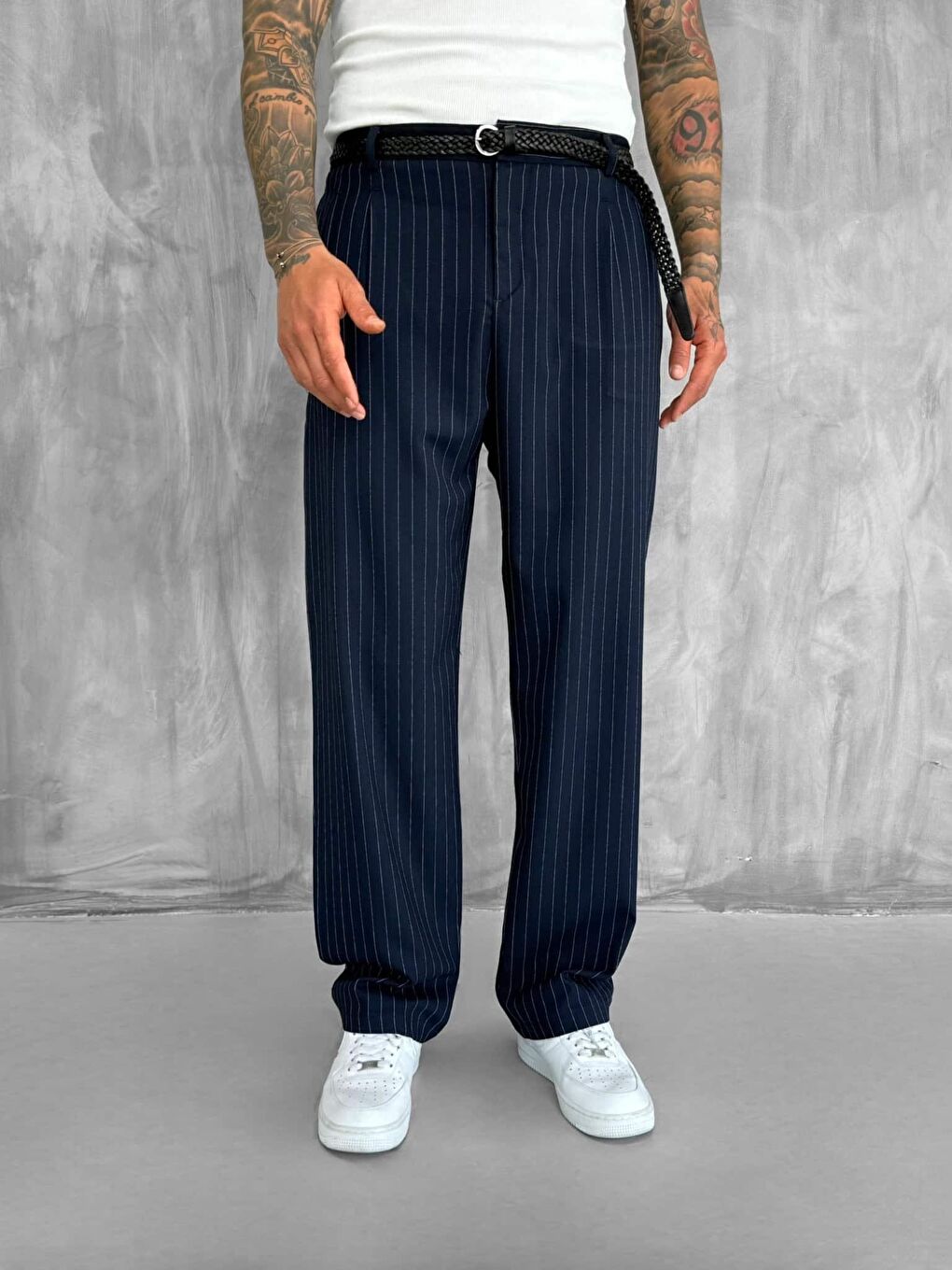 Erkek Çizgili Oversize Kruvaze Takım Elbise Lacivert-2