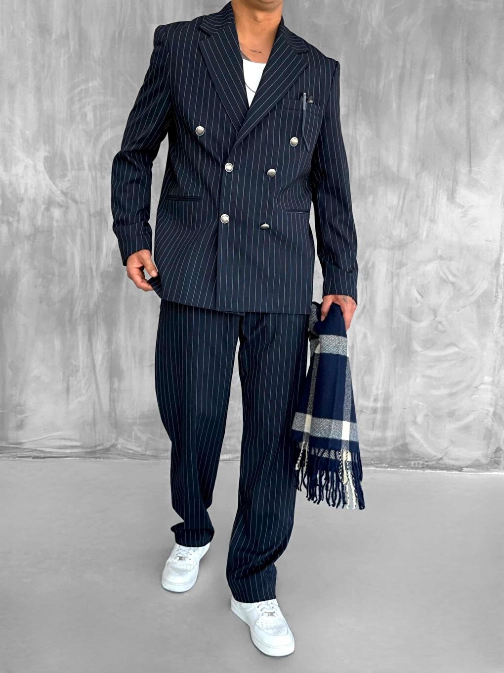 Erkek Çizgili Oversize Kruvaze Takım Elbise Lacivert-3