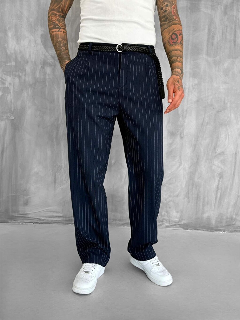 Erkek Çizgili Oversize Kruvaze Takım Elbise Lacivert-4