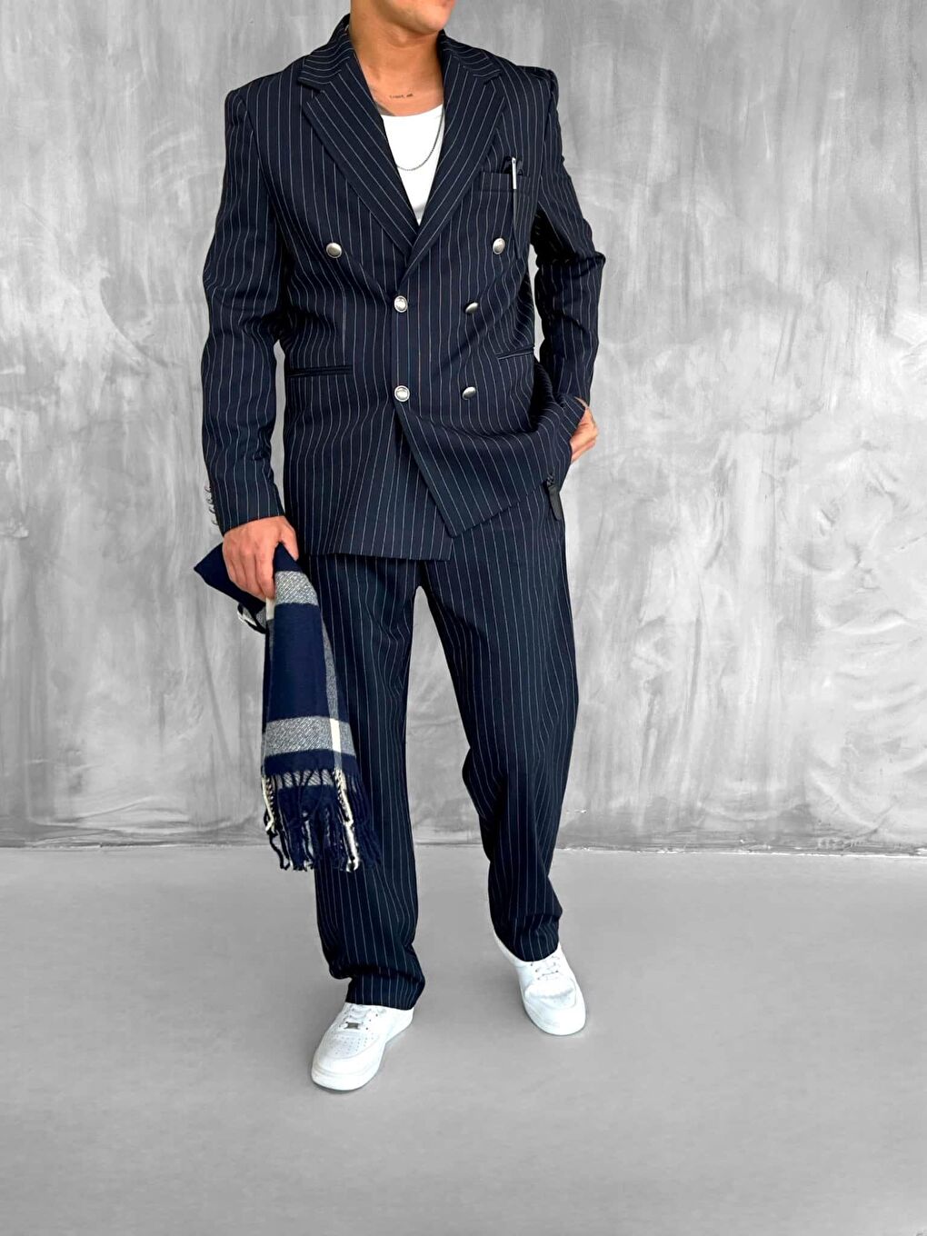 Erkek Çizgili Oversize Kruvaze Takım Elbise Lacivert-5