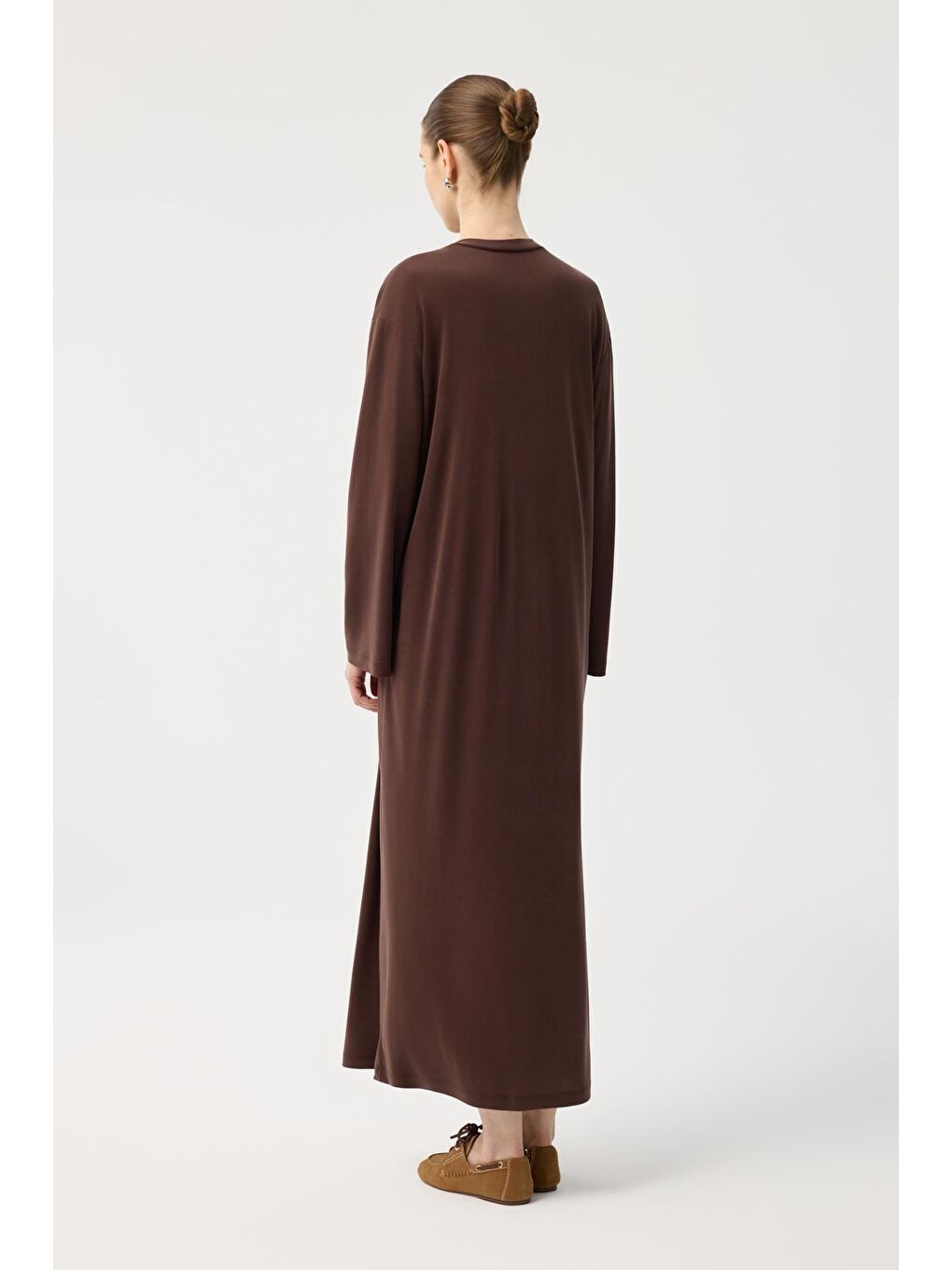 Modal Cupra Asimetrik Düğüm Detaylı Elbise Kahverengi-4