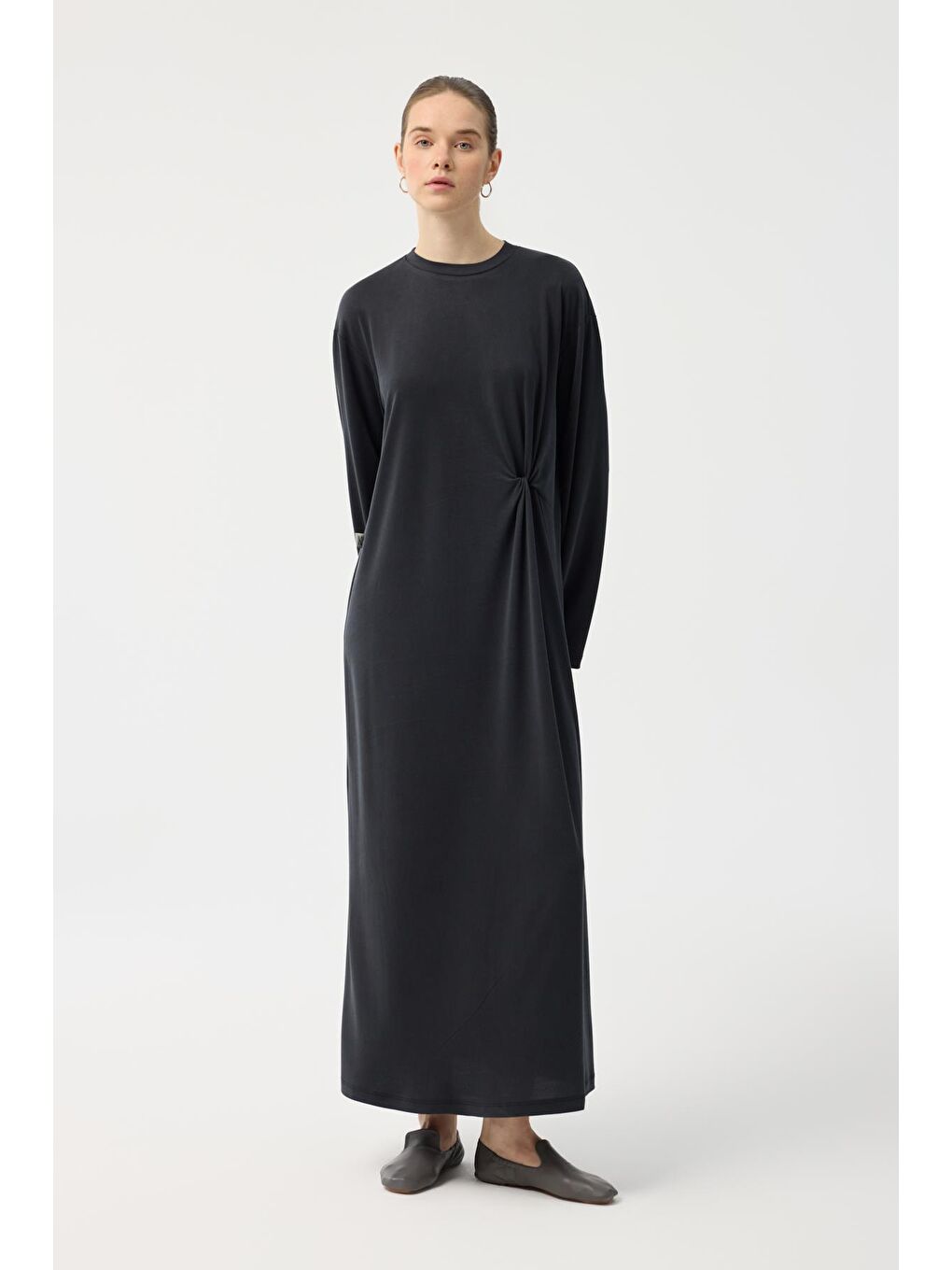 Modal Cupra Asimetrik Düğüm Detaylı Elbise Siyah