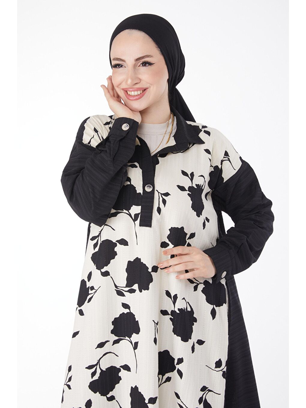 Gömlek Yaka Kadın Siyah Desenli Salaş Elbise - 25047-1