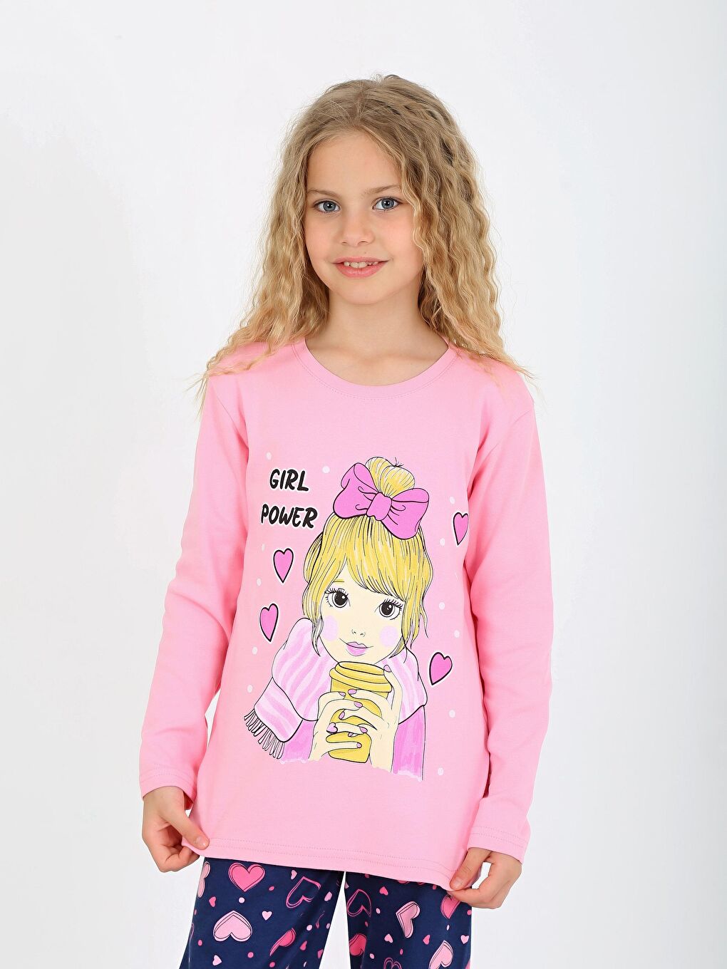 Pembe Kız Çocuk Uzun Kollu %100 Pamuklu Pijama Takımı Girl Power