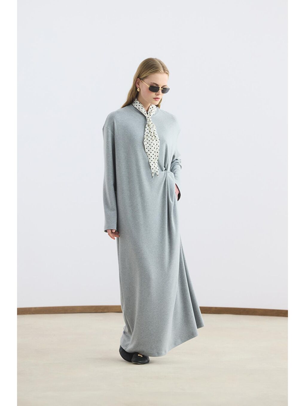 Modal Cupra Asimetrik Düğüm Detaylı Elbise Gri Melanj