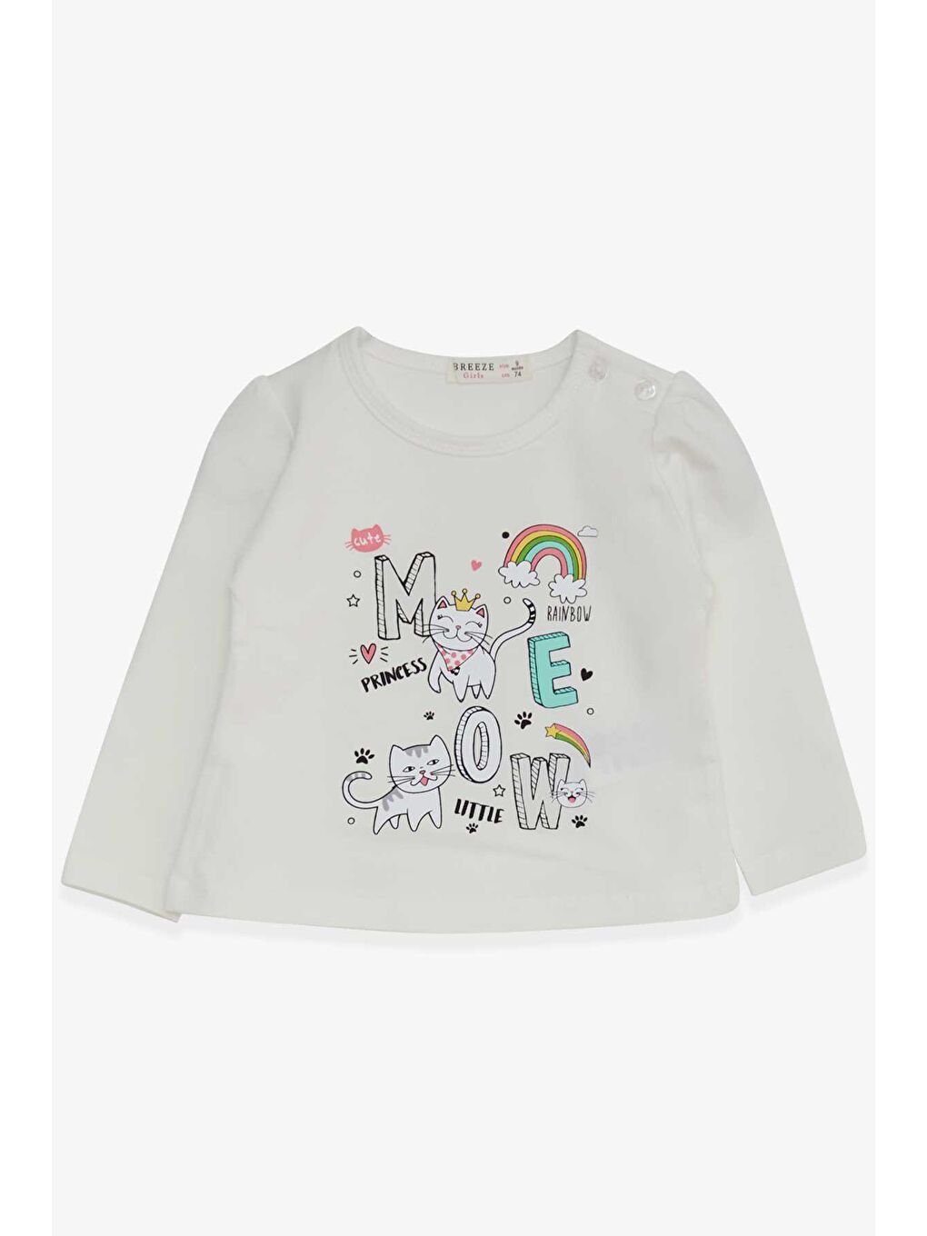 Kız Bebek Uzun Kollu Tişört Kedicik Baskılı Ekru (9 Ay-3 Yaş)