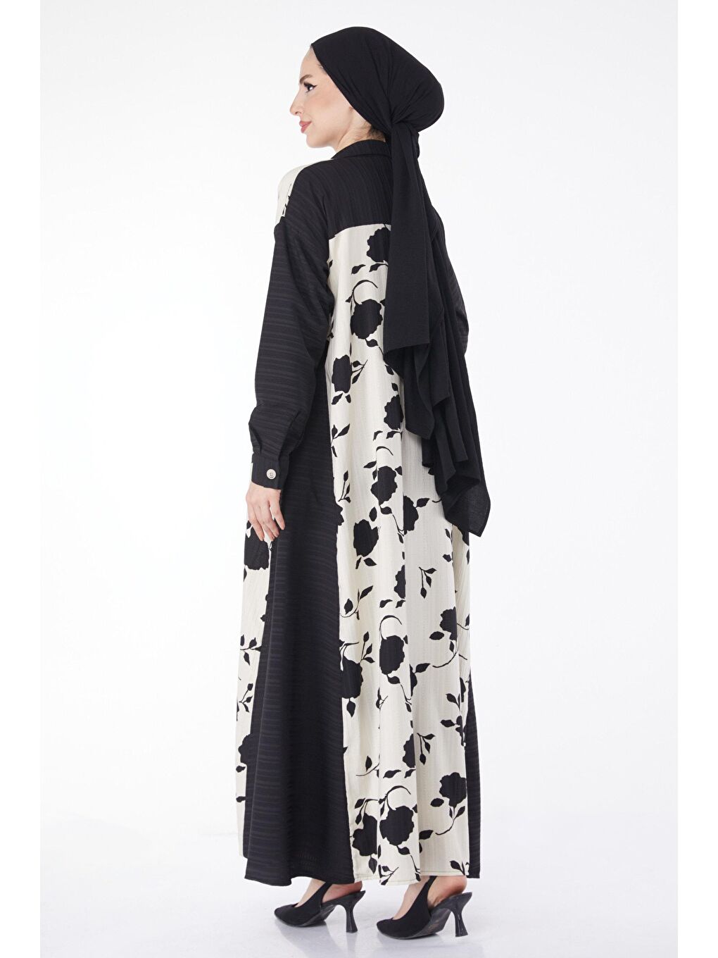 Gömlek Yaka Kadın Siyah Desenli Salaş Elbise - 25047-3