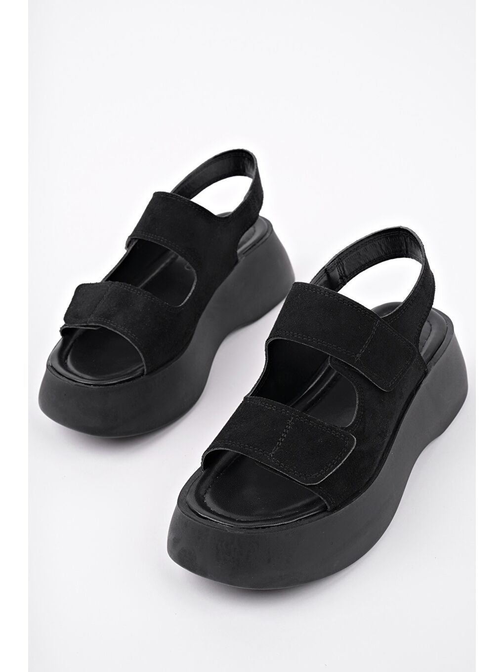 Siyah NANSHE Kalın Taban Çift Bantlı Cırtlı Günlük Kadın Sandalet