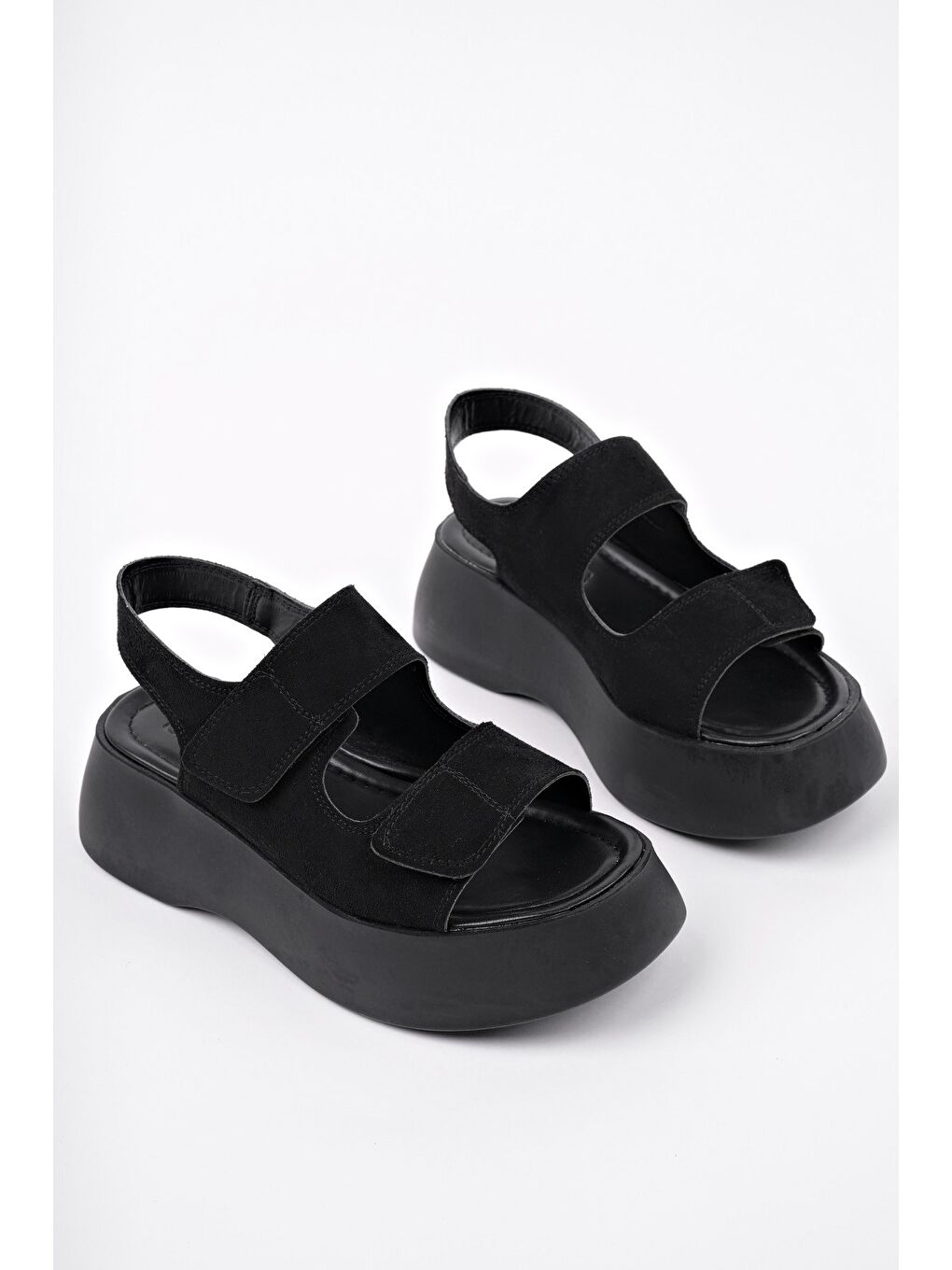 Siyah NANSHE Kalın Taban Çift Bantlı Cırtlı Günlük Kadın Sandalet-1