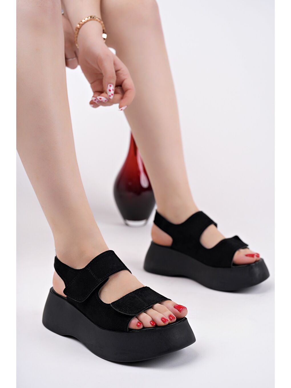 Siyah NANSHE Kalın Taban Çift Bantlı Cırtlı Günlük Kadın Sandalet-2