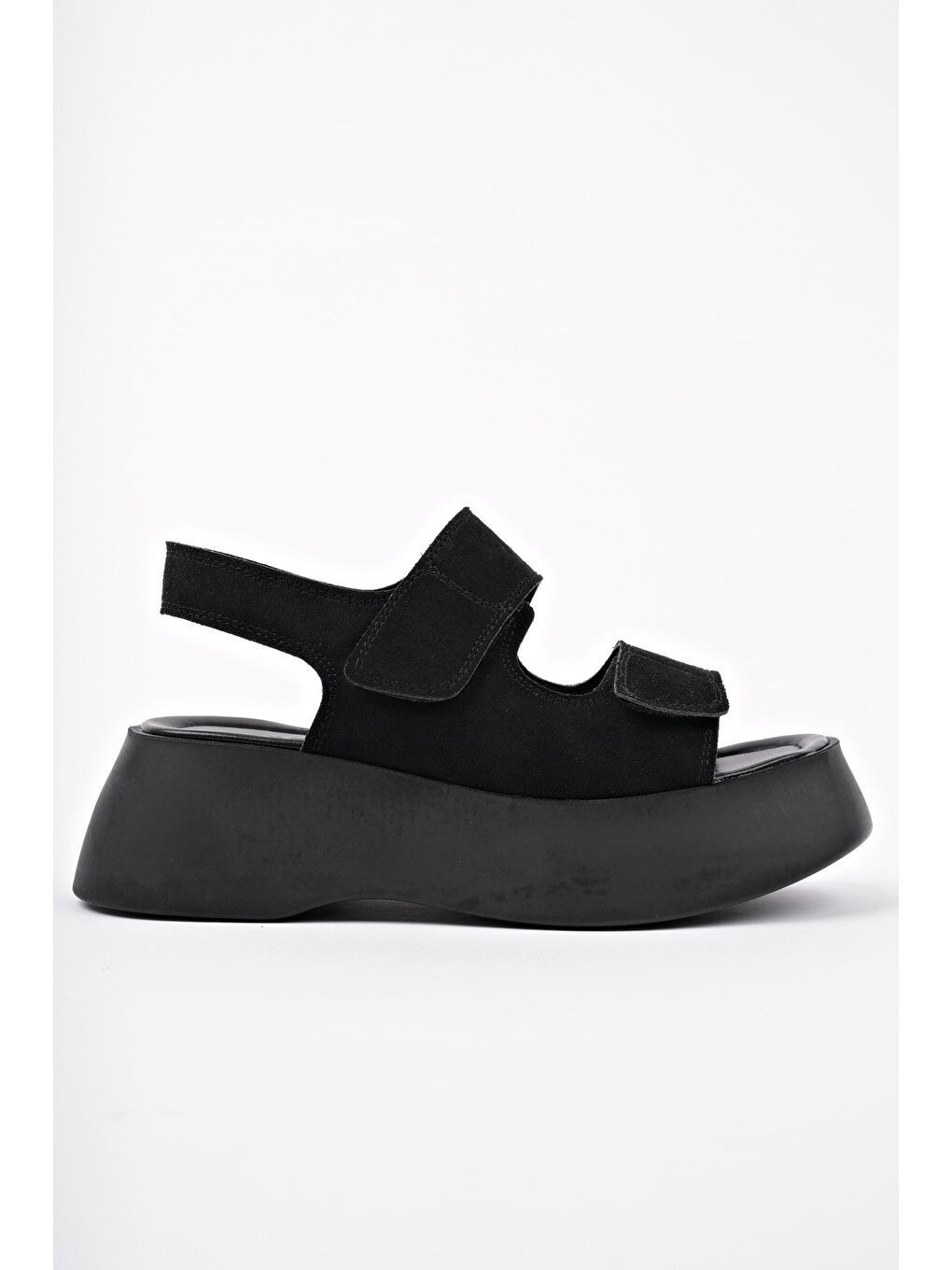 Siyah NANSHE Kalın Taban Çift Bantlı Cırtlı Günlük Kadın Sandalet-3