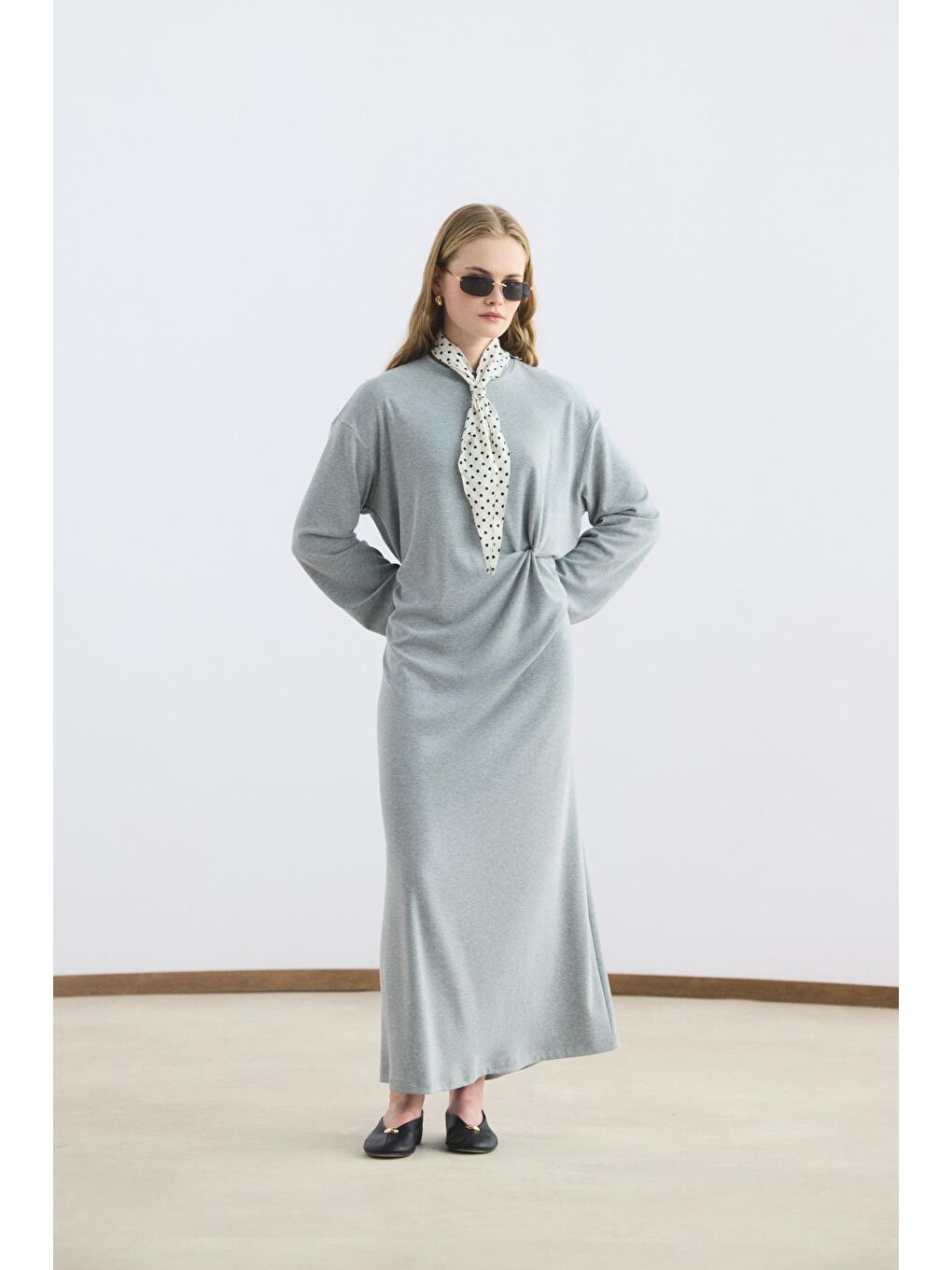 Modal Cupra Asimetrik Düğüm Detaylı Elbise Gri Melanj-2