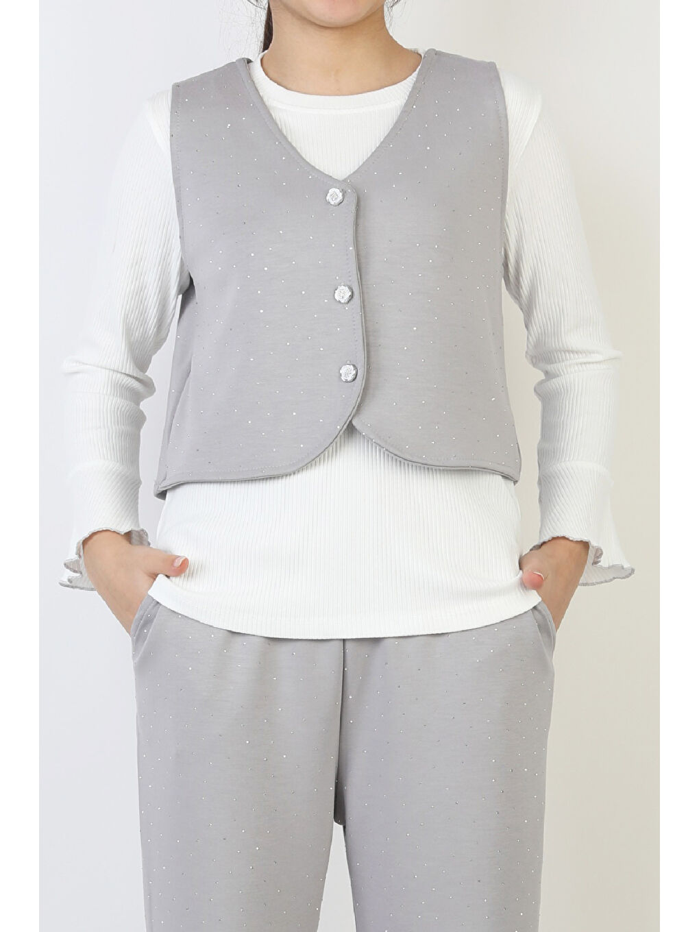 Gri Kız Çocuk 3'lü Takım-Yelekli,Taş Süslemeli ve Geniş Paçalı 12515-1