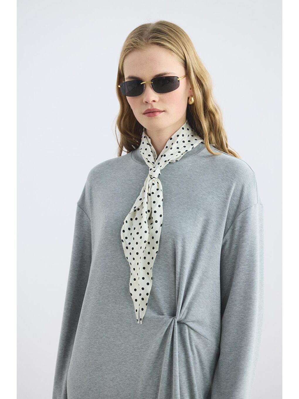 Modal Cupra Asimetrik Düğüm Detaylı Elbise Gri Melanj-3