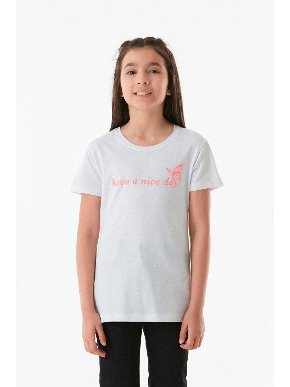 Beyaz Önü Ve Arkası Baskılı Bisiklet Yaka Kız Çocuk Tişört