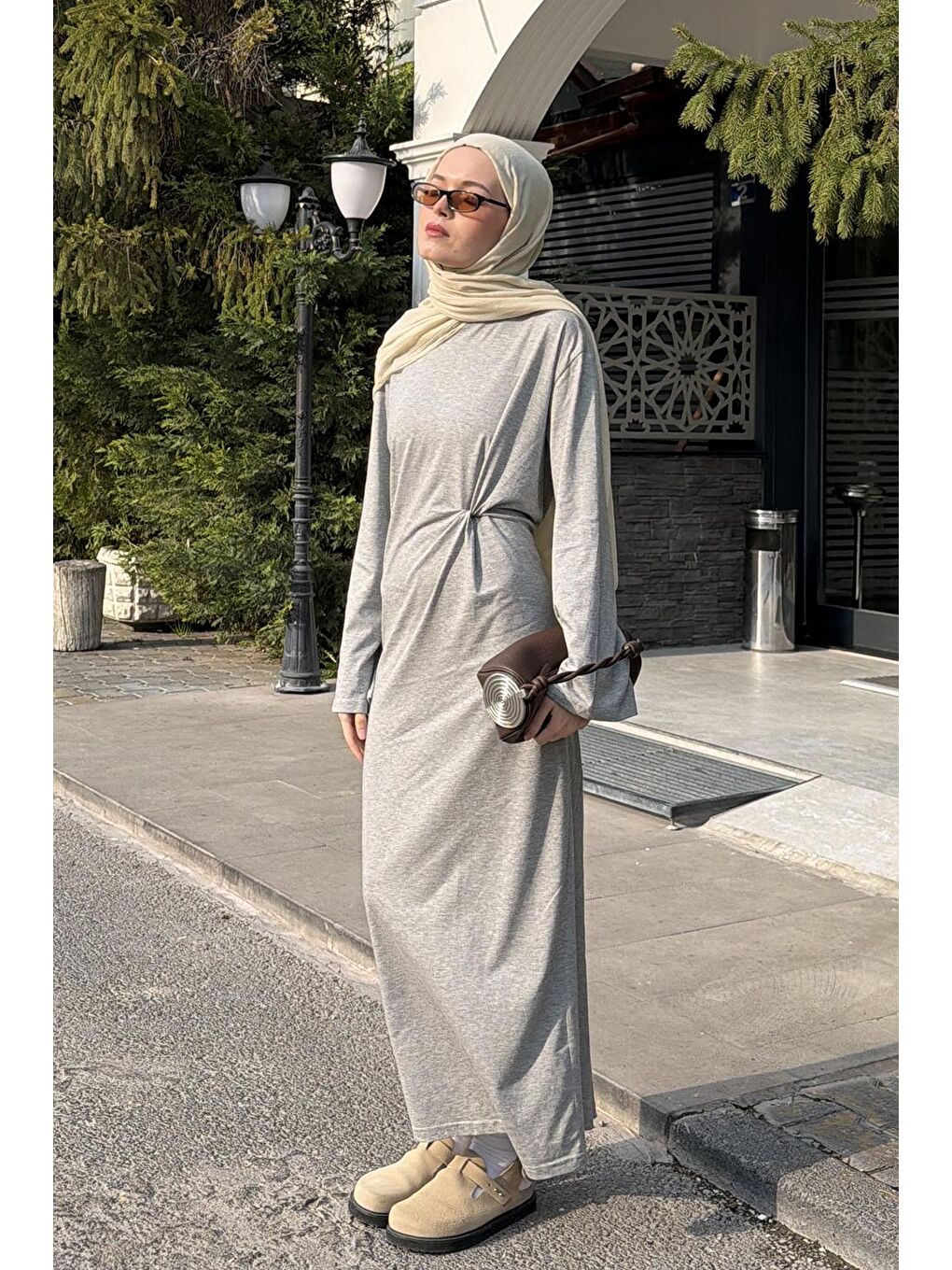 Modal Cupra Asimetrik Düğüm Detaylı Elbise Gri Melanj-5