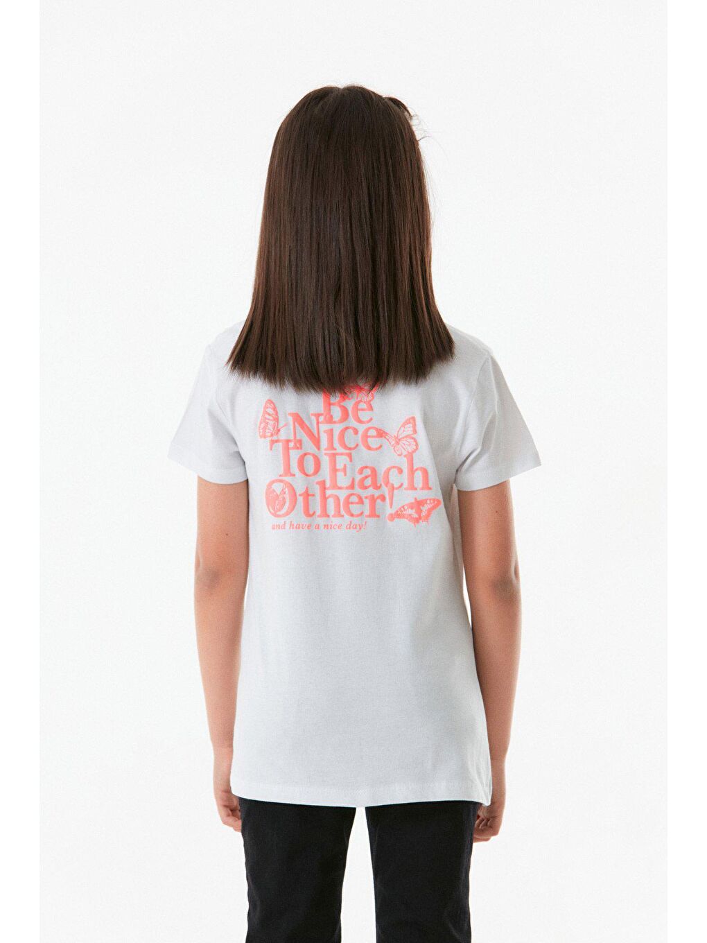 Beyaz Önü Ve Arkası Baskılı Bisiklet Yaka Kız Çocuk Tişört-1