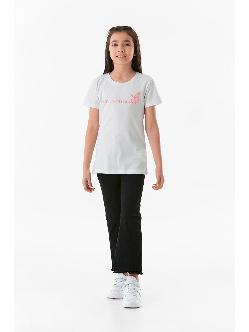 Beyaz Önü Ve Arkası Baskılı Bisiklet Yaka Kız Çocuk Tişört-3