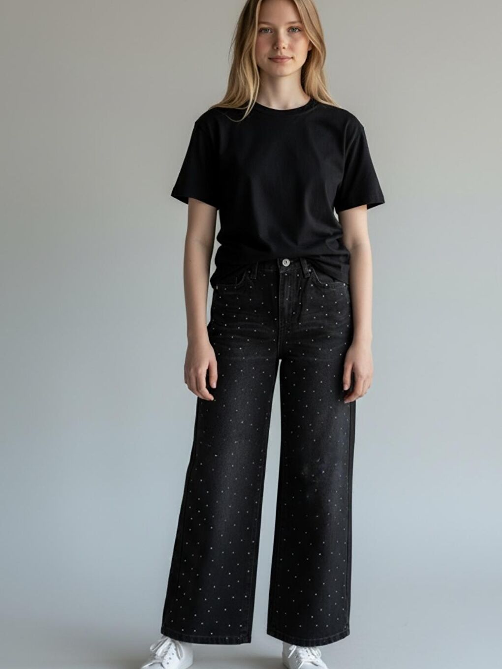 Siyah Kız Çocuk Taş İşlemeli Jean Pantolon 5-15 Yaş Esnek Bel ve Rahat Jean Pantolon