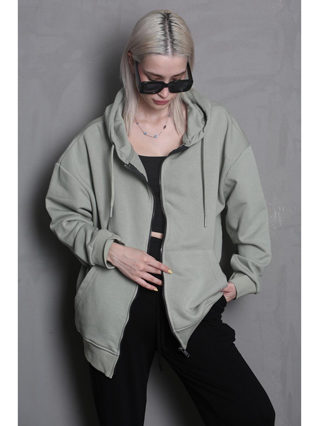 Mint Yeşili Kapüşonlu Basic Sweatshirt Mg1900-1