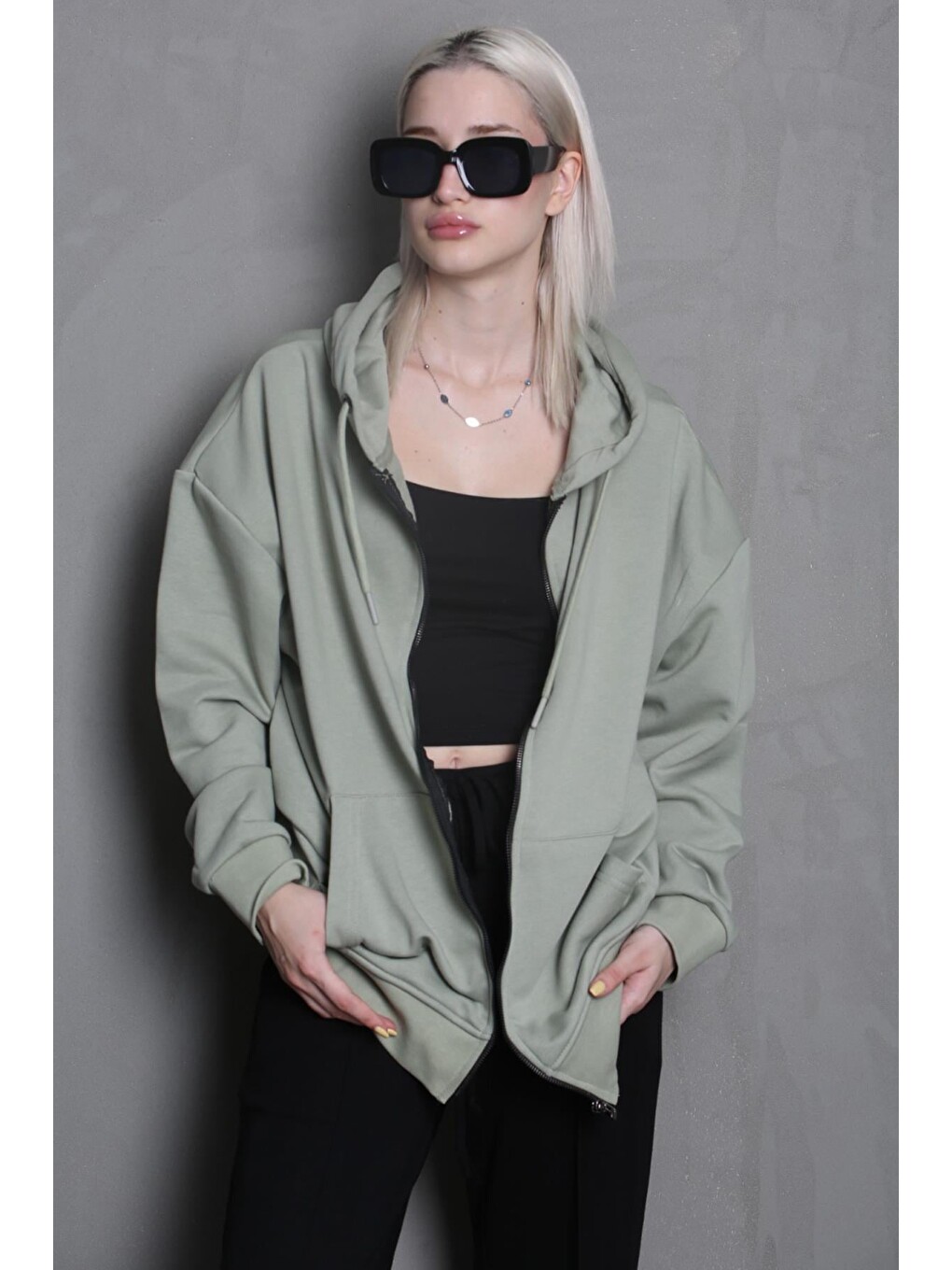 Mint Yeşili Kapüşonlu Basic Sweatshirt Mg1900-2