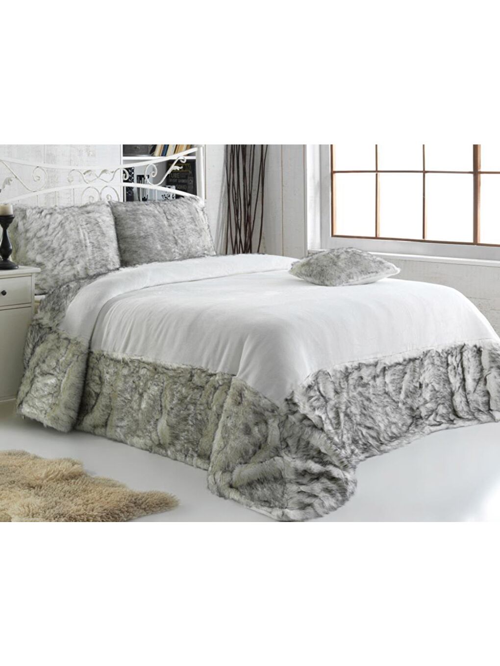 Renksiz Kürklü Çift Kişilik Yatak Örtüsü Ruled-beyaz