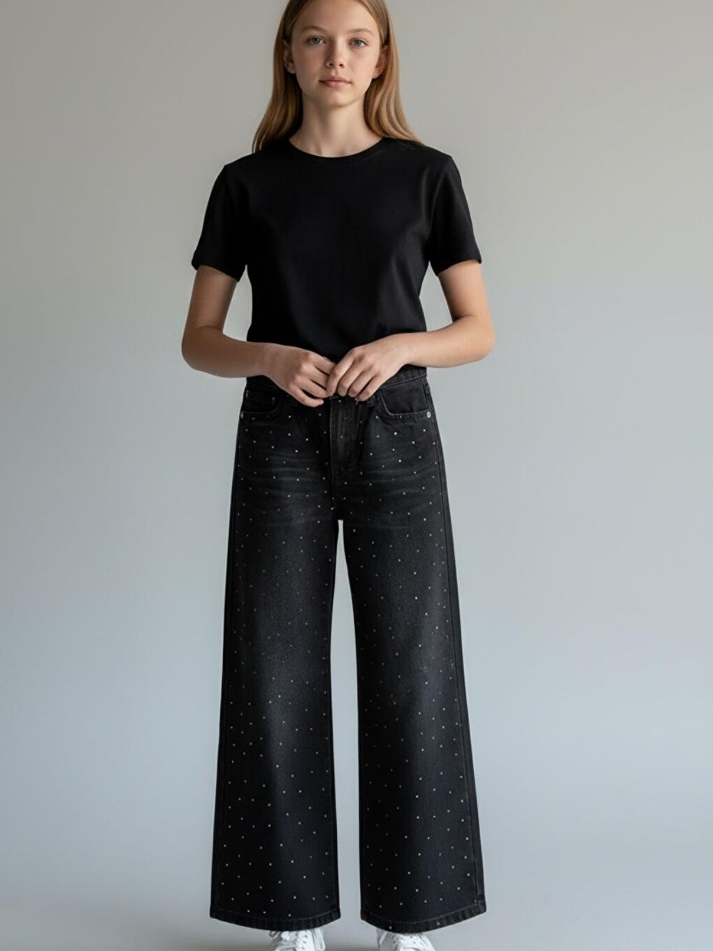 Siyah Kız Çocuk Taş İşlemeli Jean Pantolon 5-15 Yaş Esnek Bel ve Rahat Jean Pantolon-2