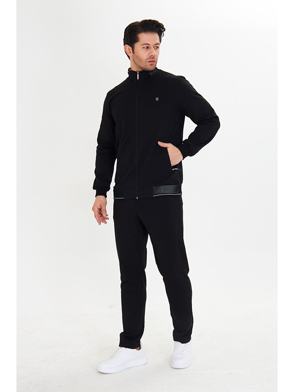 Pamuklu Tam Fermuarlı Erkek Eşofman Takımı Siyah 5751-S-2