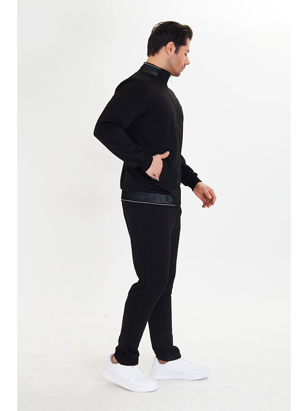 Pamuklu Tam Fermuarlı Erkek Eşofman Takımı Siyah 5751-S-3