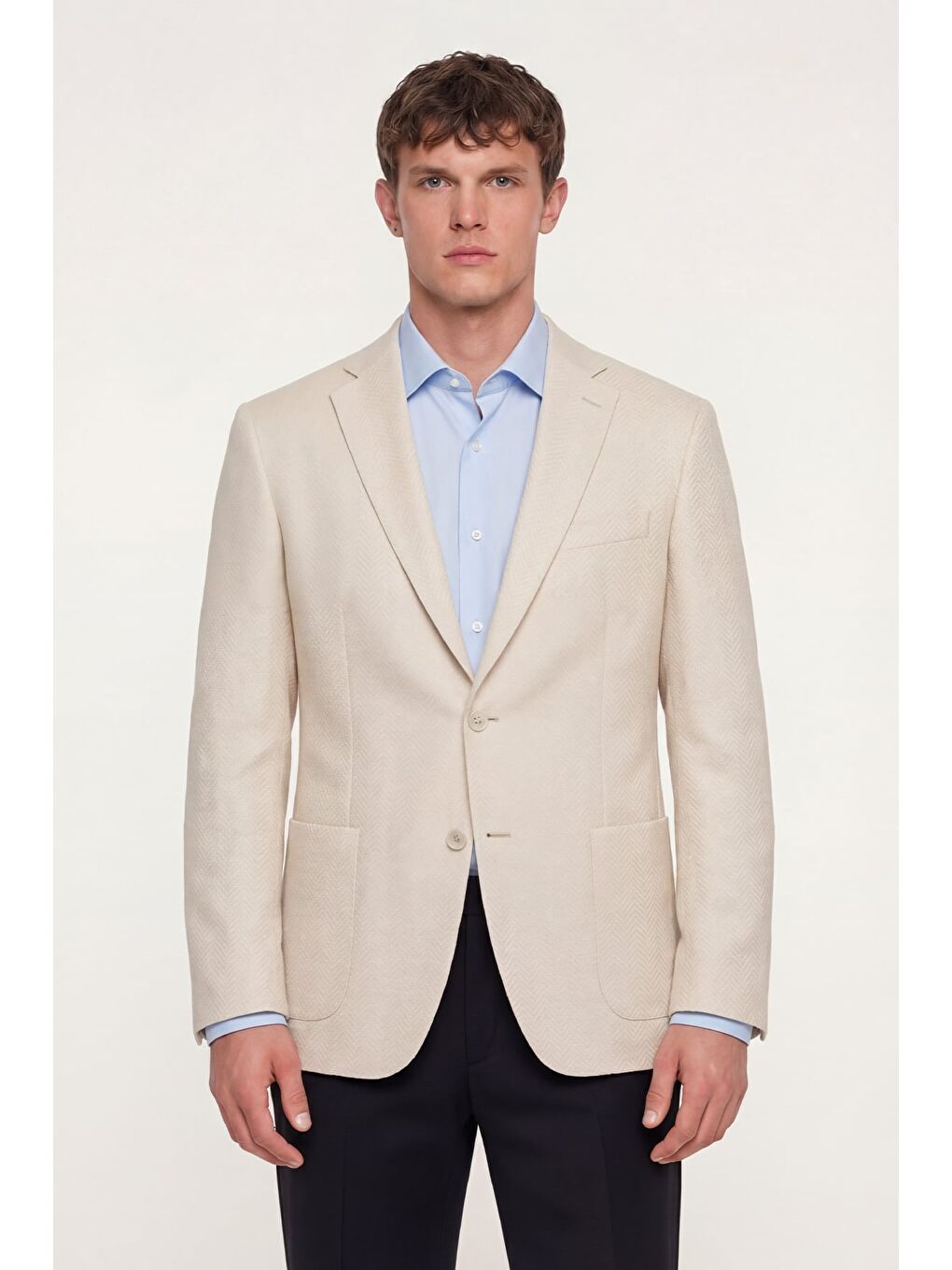 Erkek Beyaz Dar Kesim Slim Fit Viskon Balık Sırtı Desen Torba Cep Çift Yırtmaçlı 6 Drop Ceket