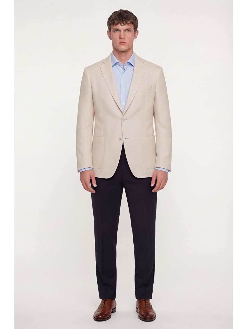 Erkek Beyaz Dar Kesim Slim Fit Viskon Balık Sırtı Desen Torba Cep Çift Yırtmaçlı 6 Drop Ceket-1