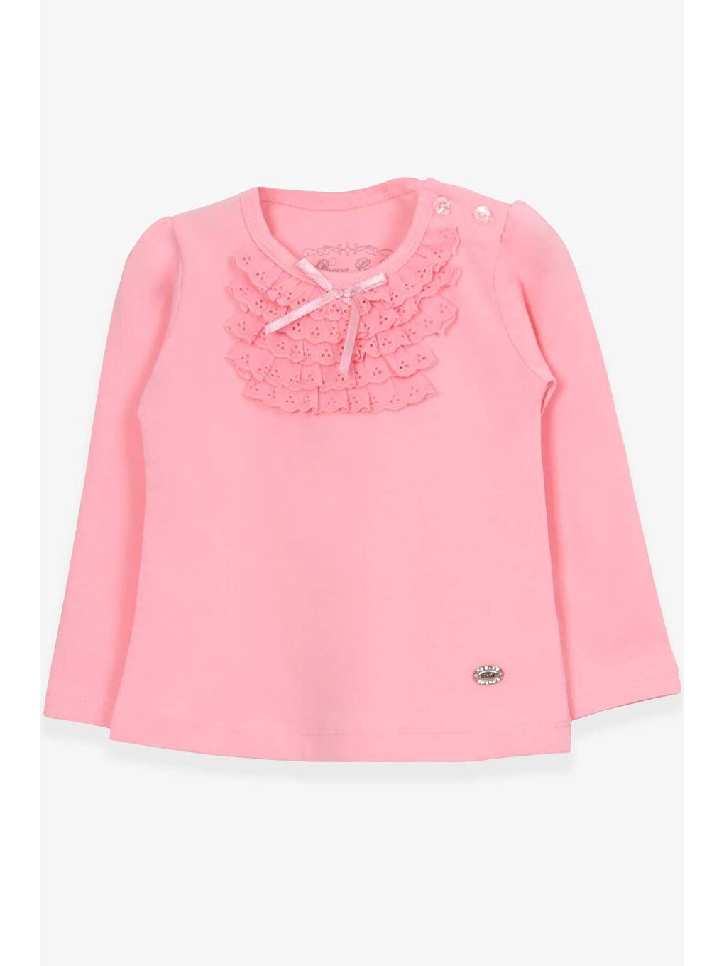 Pembe Kız Bebek Uzun Kollu Tişört Güpürlü Fiyonklu Pudra (6 Ay-1.5 Yaş)