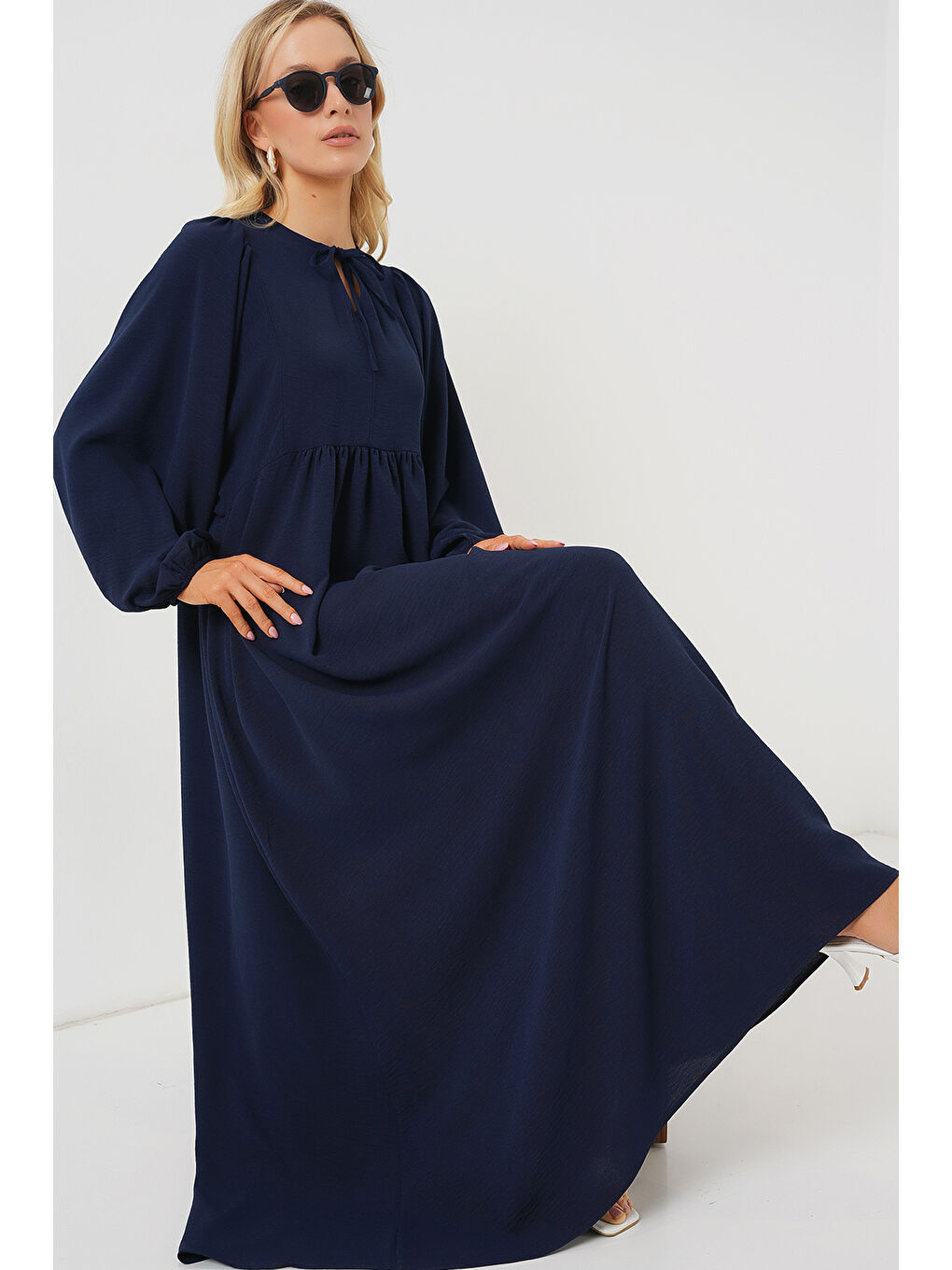 Kadın Balon Kol Uzun Tesettür Elbise 2464 - Lacivert-1