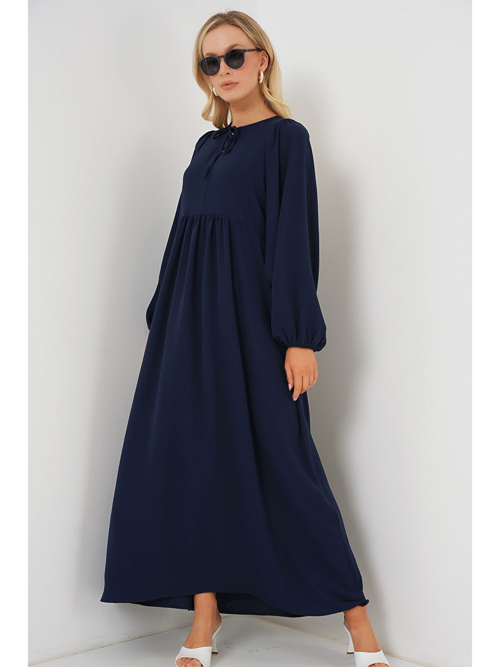 Kadın Balon Kol Uzun Tesettür Elbise 2464 - Lacivert-2