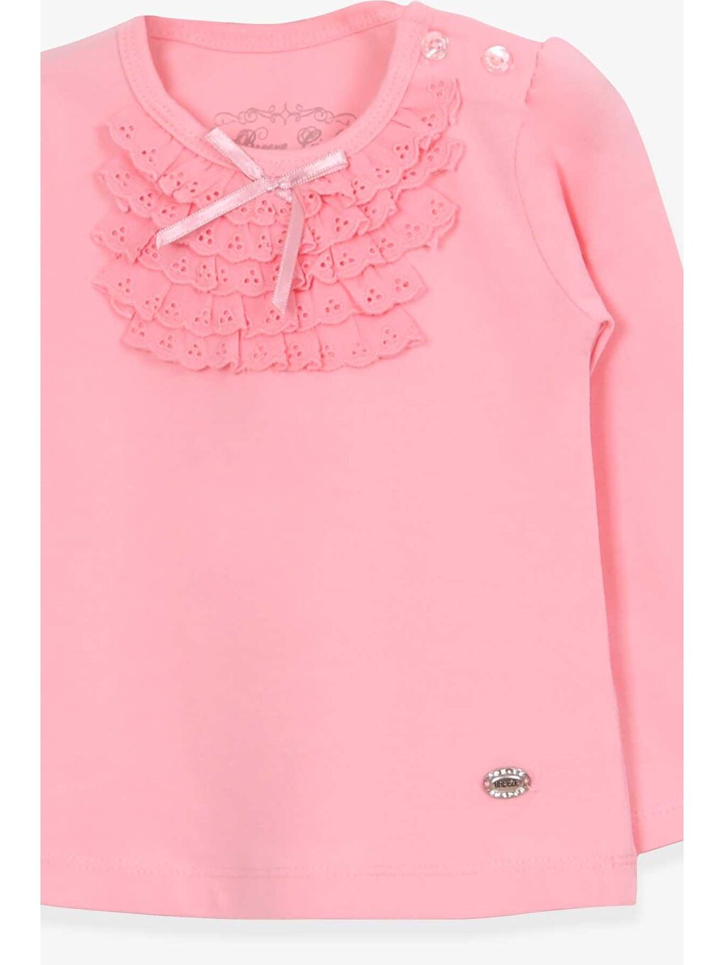 Pembe Kız Bebek Uzun Kollu Tişört Güpürlü Fiyonklu Pudra (6 Ay-1.5 Yaş)-2