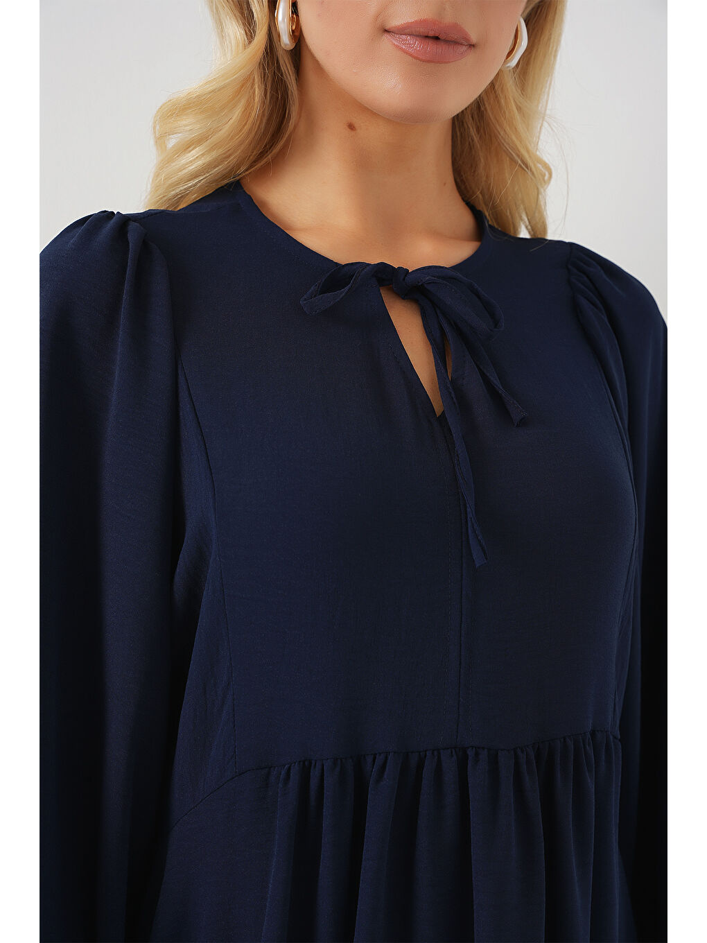 Kadın Balon Kol Uzun Tesettür Elbise 2464 - Lacivert-4