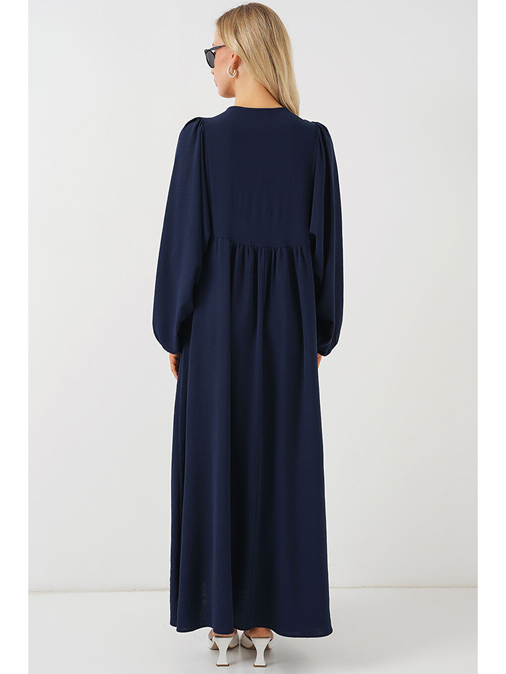 Kadın Balon Kol Uzun Tesettür Elbise 2464 - Lacivert-5
