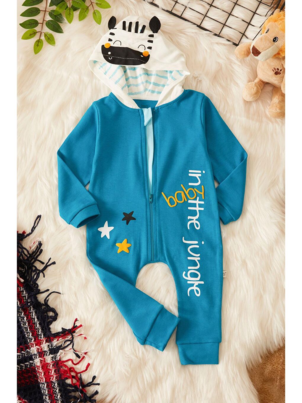 Mavi Zebra Baskılı Kuyruklu Erkek Bebek Kapüşonlu Tulum 17495