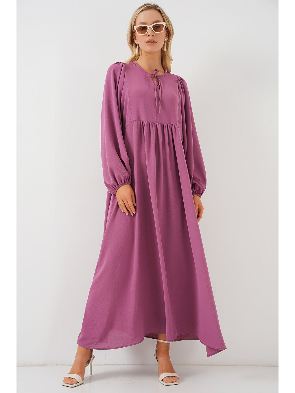 Pembe Kadın Balon Kol Uzun Tesettür Elbise 2464 - Gül Kurusu-3