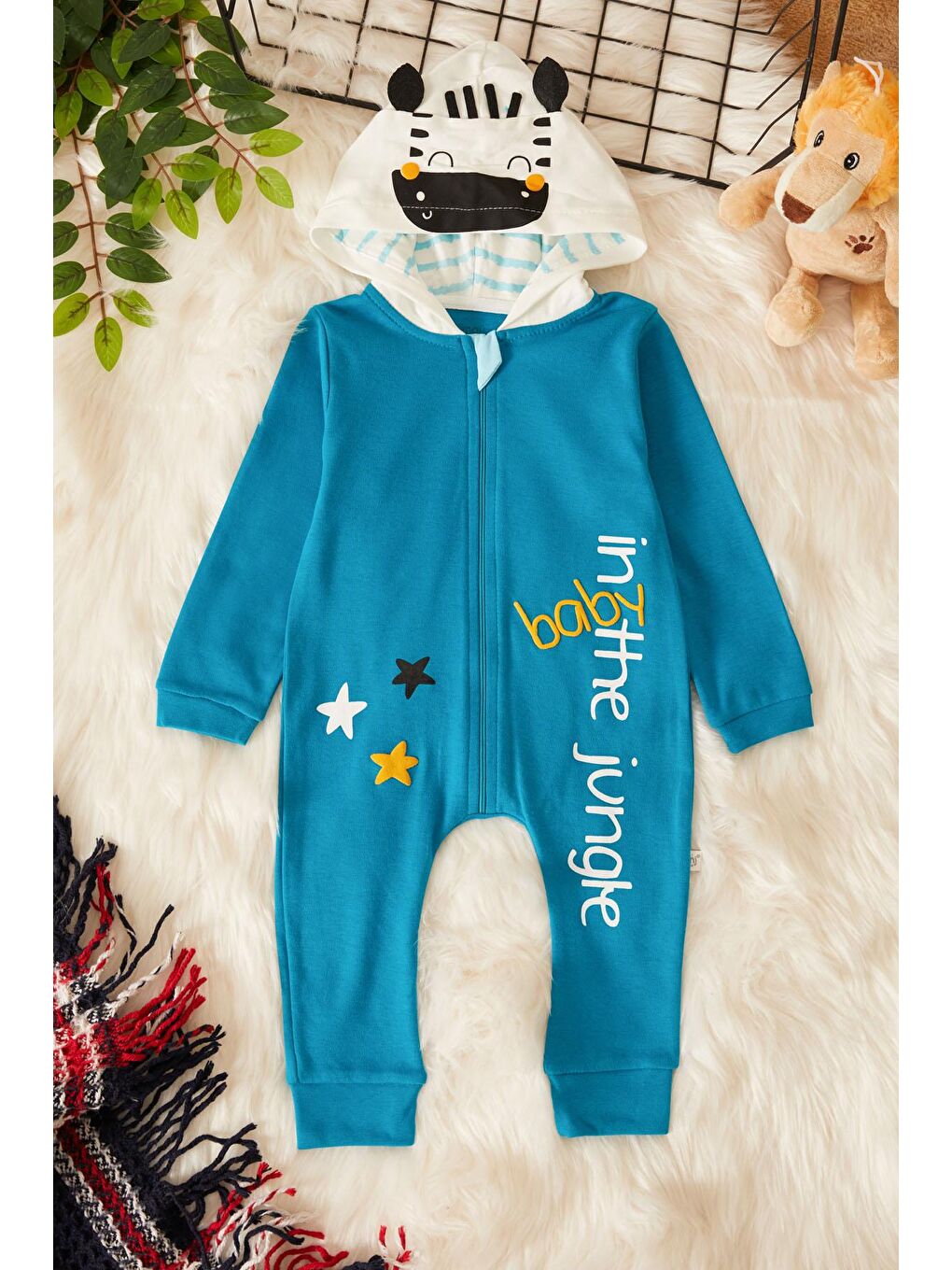 Mavi Zebra Baskılı Kuyruklu Erkek Bebek Kapüşonlu Tulum 17495-1