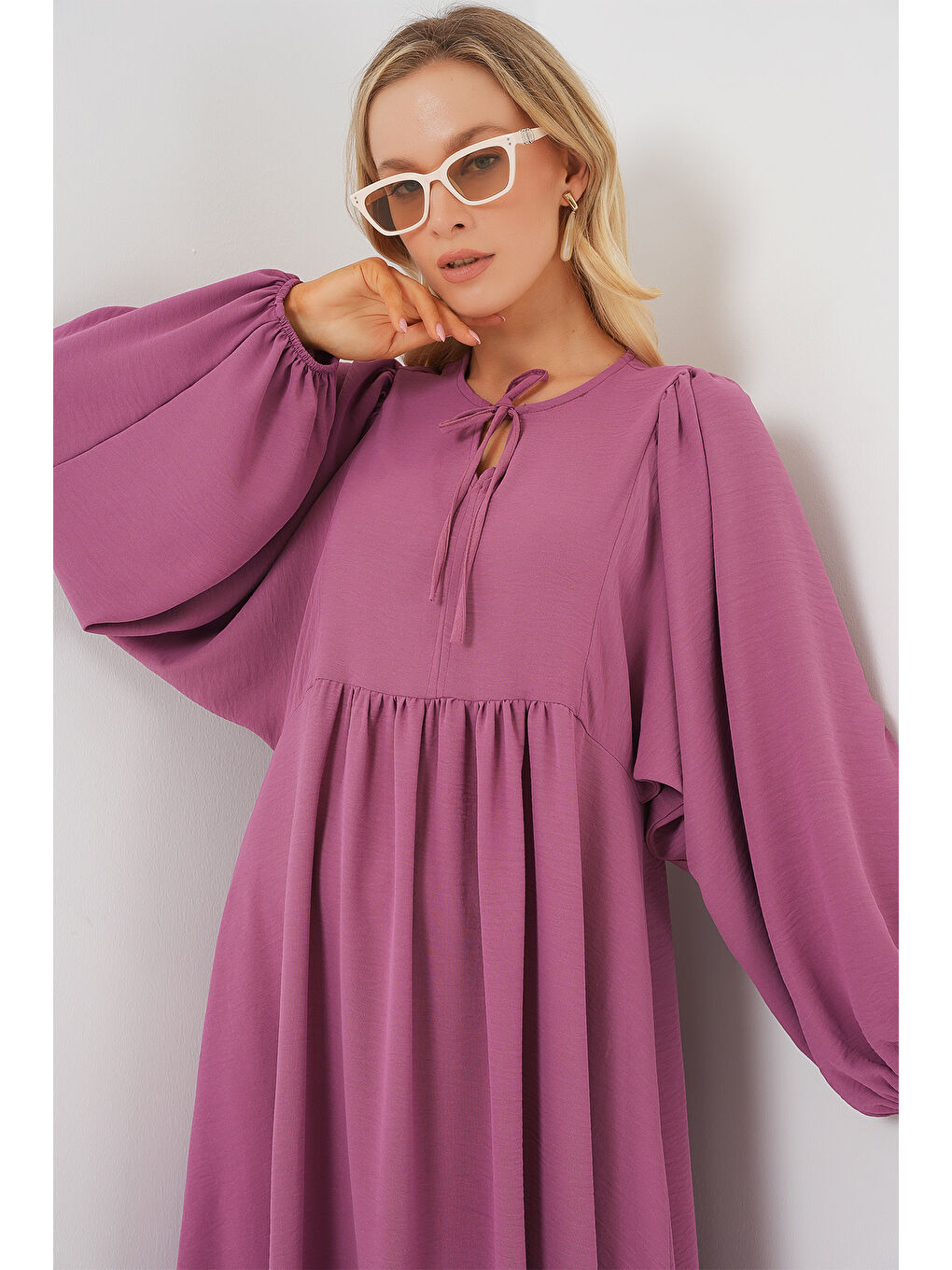 Pembe Kadın Balon Kol Uzun Tesettür Elbise 2464 - Gül Kurusu-4