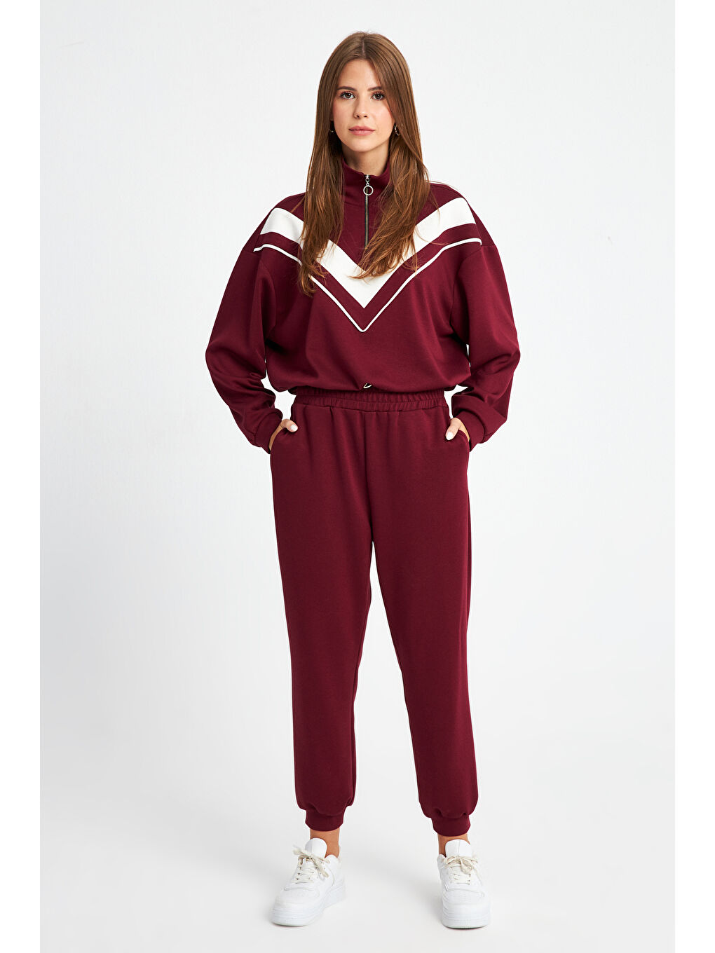 Ecrou Bordo-Beyaz Kadın Bordo Ultra Soft Jogger Örme Pantolon - 1