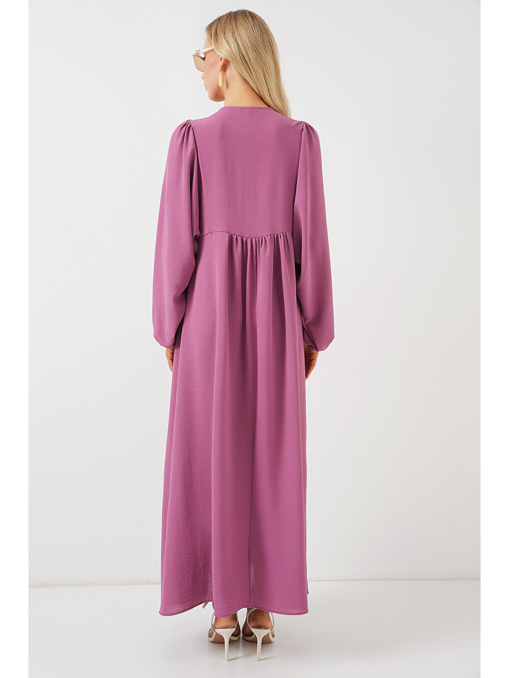 Pembe Kadın Balon Kol Uzun Tesettür Elbise 2464 - Gül Kurusu-5