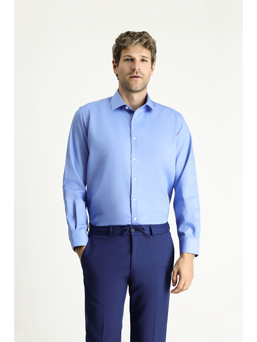 Mavi Uzun Kol Non Iron Saten Klasik Pamuklu Gömlek-2