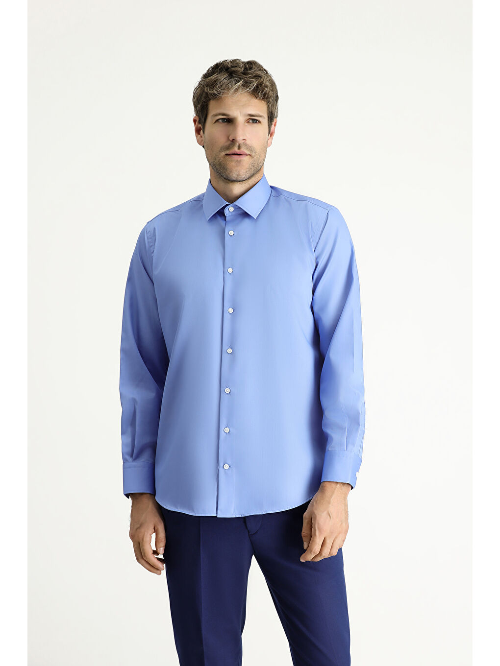 Mavi Uzun Kol Non Iron Saten Klasik Pamuklu Gömlek-3