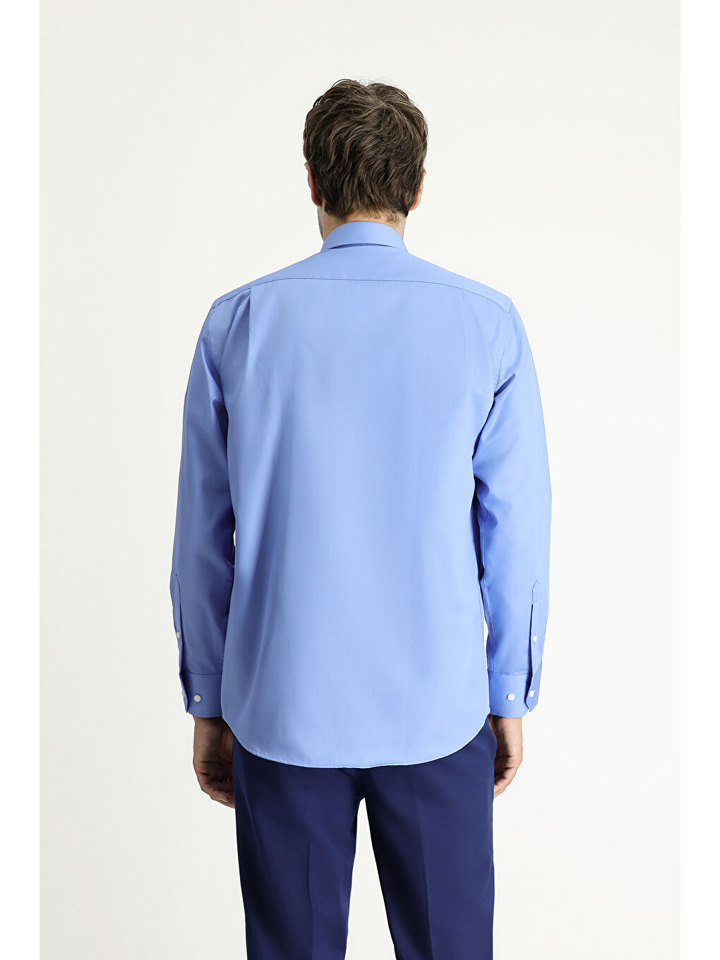 Mavi Uzun Kol Non Iron Saten Klasik Pamuklu Gömlek-4