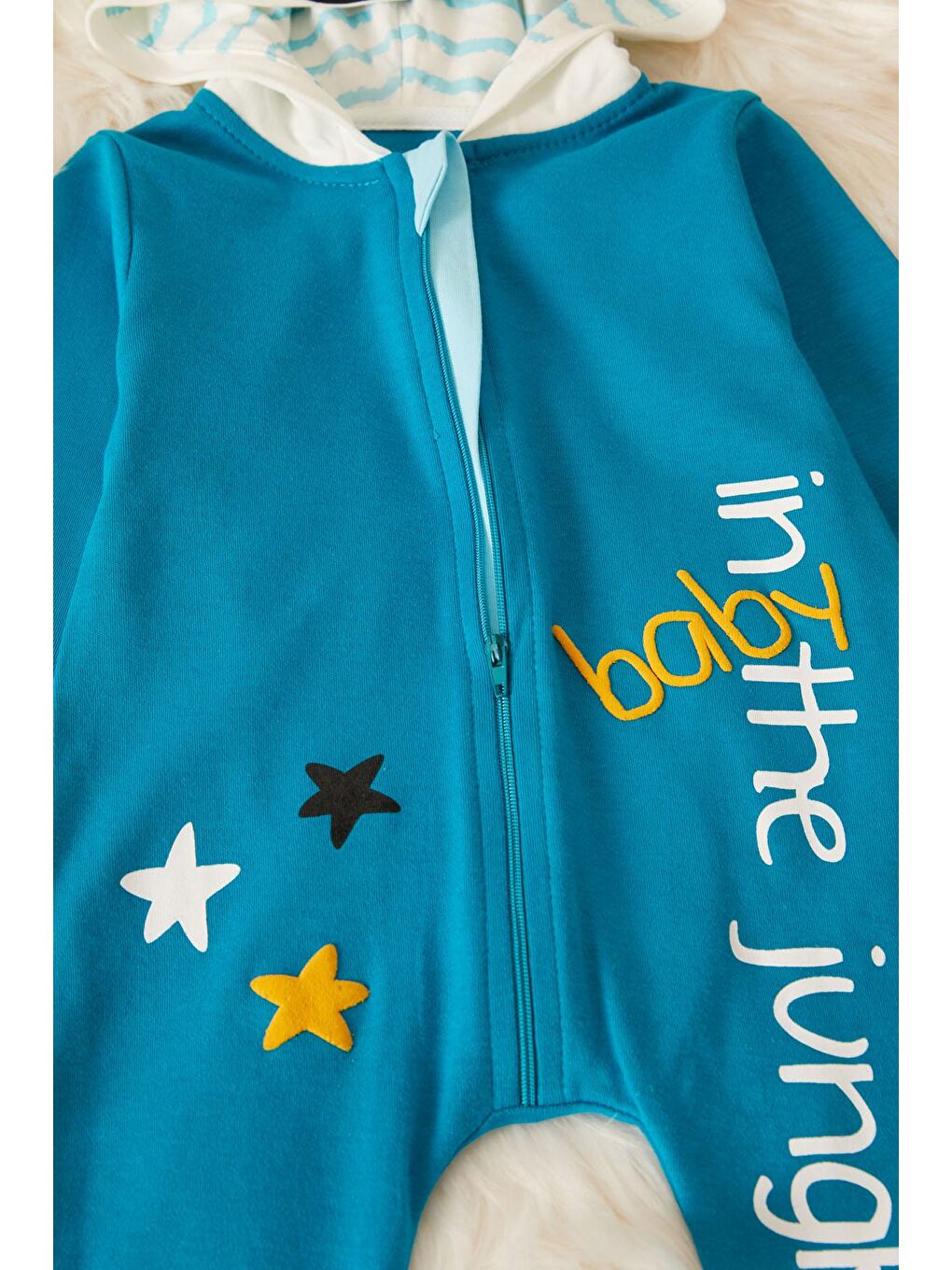 Mavi Zebra Baskılı Kuyruklu Erkek Bebek Kapüşonlu Tulum 17495-3