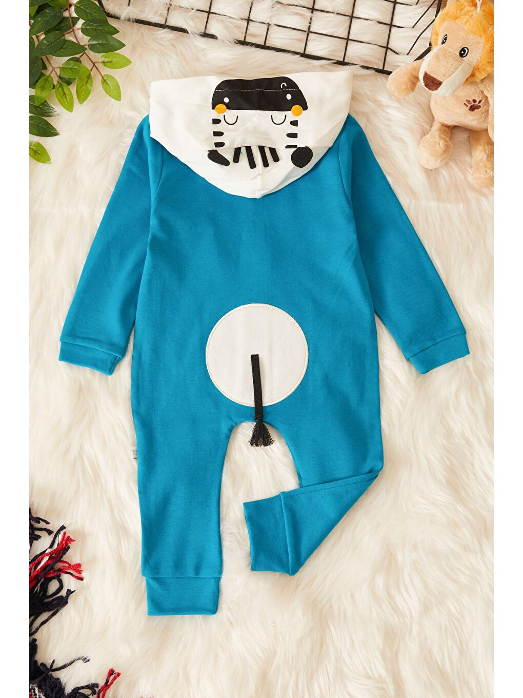 Mavi Zebra Baskılı Kuyruklu Erkek Bebek Kapüşonlu Tulum 17495-4